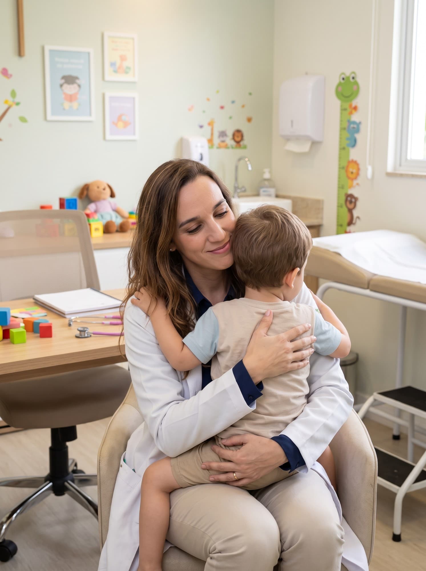 Dra. Tatiane Catharini, psiquiatra infantil, abraça uma criança em consultório em Alphaville